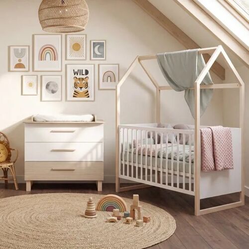 Roba Ensemble Chambre Bébé 'noah' Duo - Lit Cabane 70x140 + Commode À Langer ¿ Blanc / Chêne Tristan