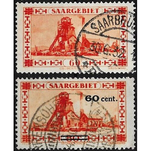 Allemagne 1930 - Land De Sarre Sous Administration Française, Beaux Timbres Yvert 139 Et 140, Puits De Mine Avec Et Sans Surcharge, Oblitérés Tbe -