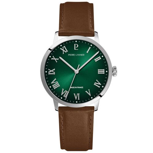 Quartz Homme Interval Argenté Cadran Soleillé Vert Bracelet Cuir Brun 20m