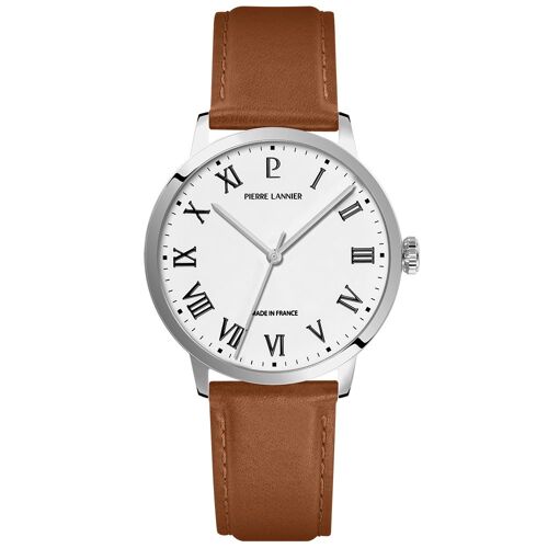 Quartz Homme Interval Argenté Cadran Blanc Bracelet Cuir Brun 20m