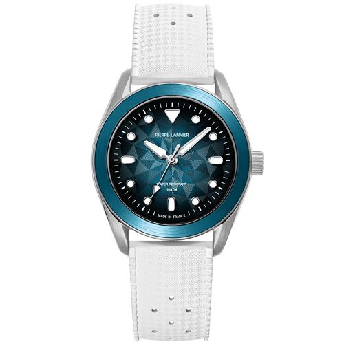 Quartz Mixte Bora Argenté Cadran Soleillé Bleu Bracelet Caoutchouc Fkm Blanc 20m