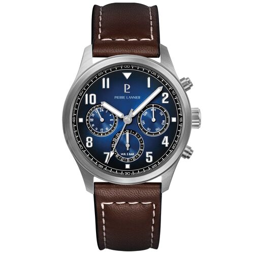 Quartz Homme Aviateur Argenté Cadran Soleillé Bleu Bracelet Cuir Brun 22m
