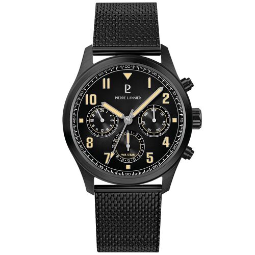 Quartz Homme Aviateur Noir Cadran Soleillé Gris Bracelet Acier Milanais Noir 22m