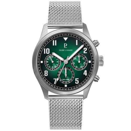 Quartz Homme Aviateur Argenté Cadran Soleillé Vert Bracelet Acier Milanais Argenté 22m