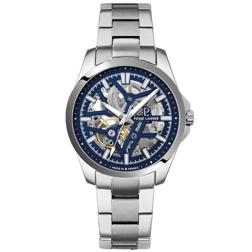 Automatique Homme Skeletom Argenté Cadran Soleillé Bleu Bracelet Acier Argenté 20m