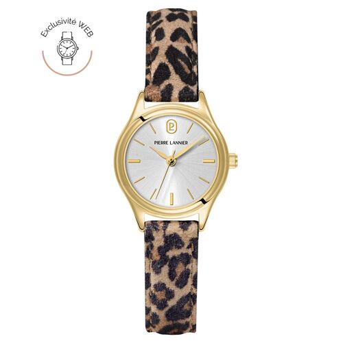 Quartz Femme Pya Doré Cadran Soleillé Argenté Bracelet Cuir Léopard 12m
