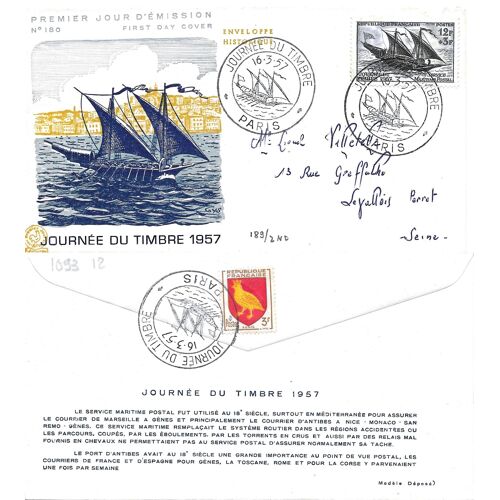 France 1957, Belle Enveloppe 1er Jour N° 180, Timbre Yvert 1093, Service Maritime Postal, Cachet De Paris ; Au Verso, Timbre 1004, Armoiries D'Aunis.