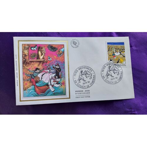 Enveloppe Premier Jour Fêtes Médiévales 02 Coucy Le Château 23 Ix 90 Illustration Soie Timbre 2.20 Fr 9.3 X 16 Cm