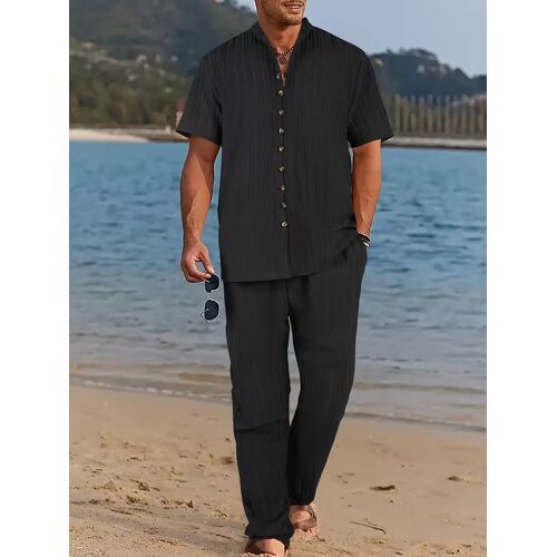 Ensemble Homme Printemps/Été Nouveau Tissu Texturé Rayures Vagues Tendance Décontracté Haut Manches Courtes + Pantalon 2 Pièces