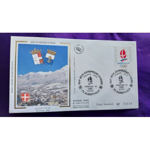 Enveloppe Premier Jour Jeux Olympiques D'Hiver 1992 Albertville 92 8 2 1990 Tirage Numéroté N° 05514 Illustration Soie Timbre 2.50 Fr 9.3 X 16 Cm