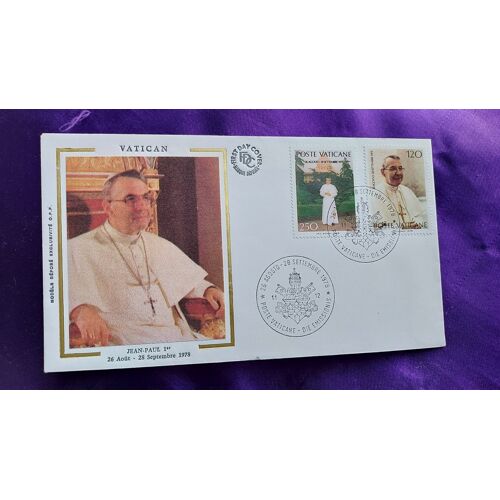 Enveloppe Premier Jour Vatican Jean Paul 1er 26 Août 28 Septembre 1978 Poste Vaticane Illustration Soie Deux Timbres 250 & 120 9.3 X 16.3 Cm