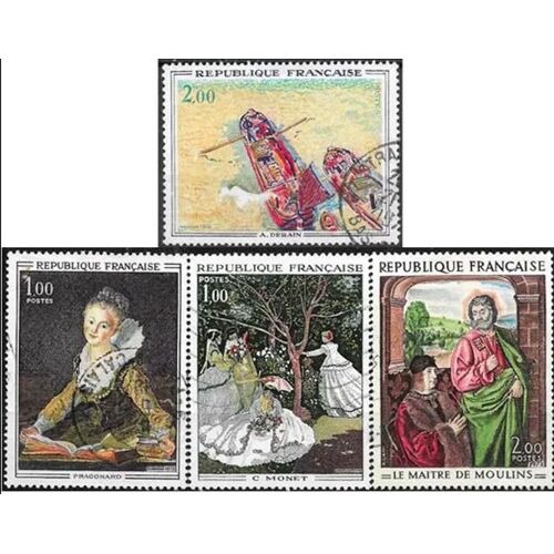 France 1972, Belle Série Art, Timbres Yvert 1702 "L'étude" Par Fragonard, 1703 "Femmes Au Jardin" Par Monet, 1732 "Pierre De Bourbon Par Le Maitre De Moulins Et 1733 "Les Péniches" Par Derain, Obl Tbe