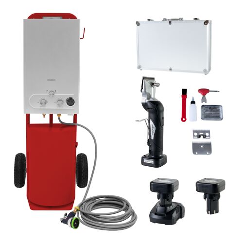 Douche Cheval Portable Rouge 18l Eau Chaude Gaz + Tondeuse Sans Fil 2 Batteries 2500 Tr/Min Faible Bruit 2 Lames Chariot Acier Tuyau 10m Pistolet Mallette Accessoires
