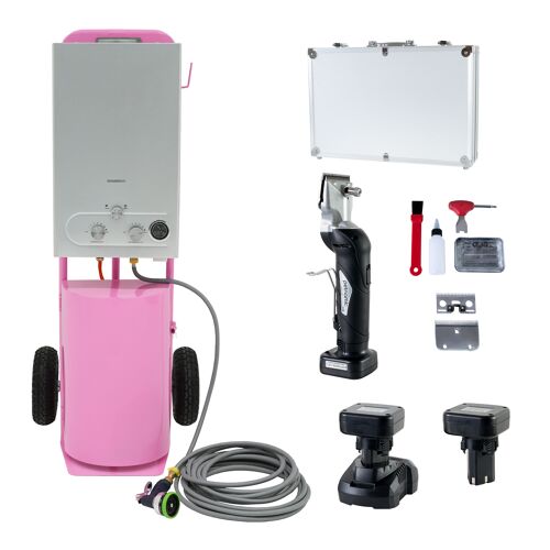 Douche Cheval Portable Rose 18l Eau Chaude Gaz + Tondeuse Sans Fil 2 Batteries 2500 Tr/Min Faible Bruit 2 Lames Chariot Acier Tuyau 10m Pistolet Mallette Accessoires