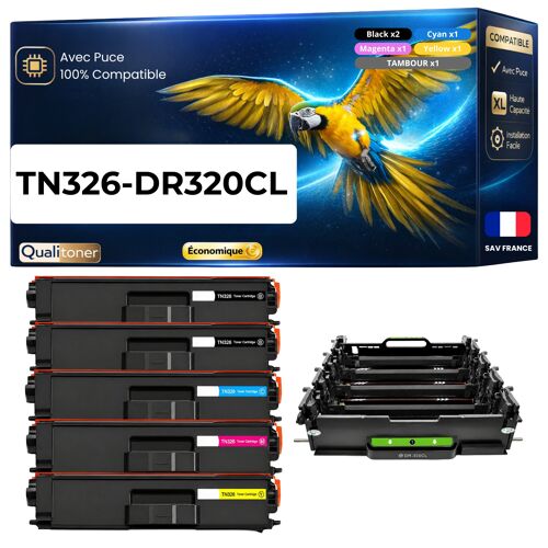 TN321 TN-321 TN326 TN-326 DR320CL Pack 5 4 Toners plus 1 Tambour Noir Cyan Magenta Jaune compatibles Brother 39500 pages
