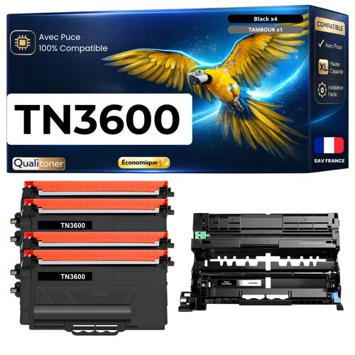 Pack 4 TN3600XL + DR3600 compatible Brother HL-L5210DN MFC-L5710DW noir haute capacité 24000 pages