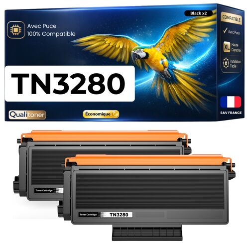 TN-3230 TN3230 TN-3280 TN3280 Pack 2 Toners compatibles pour Brother Noir haute capacité avec puce 2x8000 pages rendement élevé