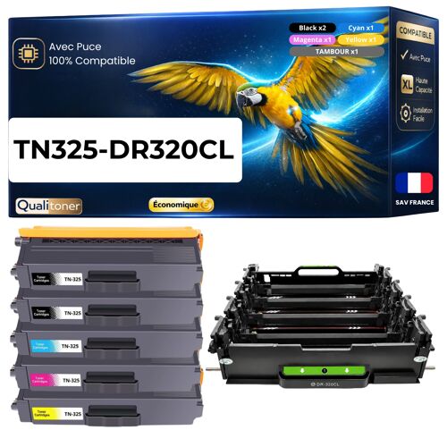 TN320 TN-320 TN325 TN-325 DR320CL Pack 5 4 Toners plus 1 Tambour Noir Cyan Magenta Jaune compatibles Brother 39500 pages