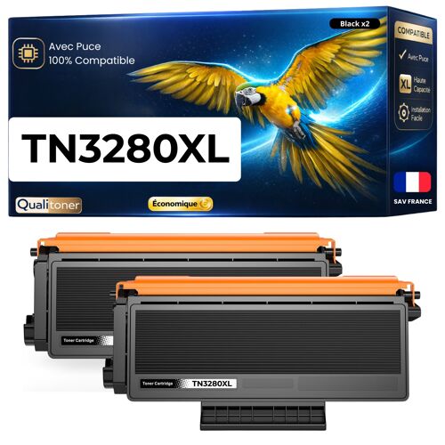 TN-3280XL TN3280XL Pack 2 Toners compatibles pour Brother Noir haute capacité Jumbo avec puce 2x12000 pages rendement laser élevé