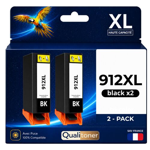 Pack 2 Cartouche 912XL 912 XL compatible pour HP OfficeJet 8010 8012 8015 Noir Haute capacité avec puce résistante 825 pages