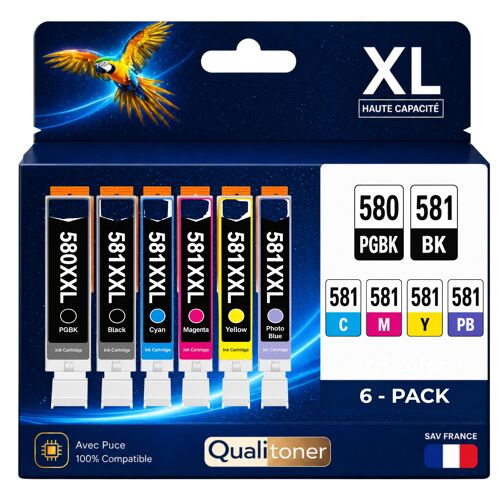 Pack 6 Cartouche CLI-581XXL CLI 581 XXL compatible pour Canon Multicolore Haute capacité avec puce