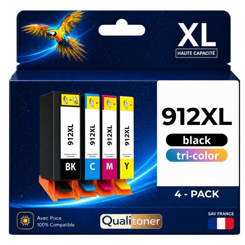 Pack 4 Cartouche 912XL 912 XL compatible pour HP Noir Cyan Magenta Jaune Haute capacité avec puce résistante 825 pages