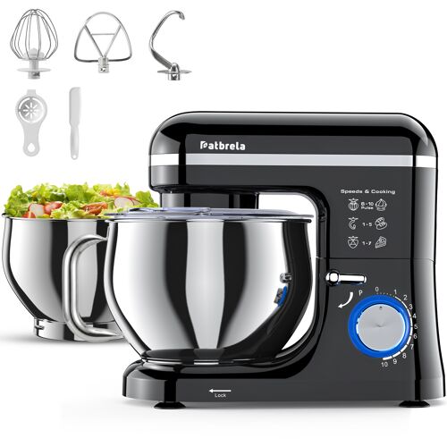 Robot Pâtissier 1500W, Double Bol Inox 5.3L + 3.5L, 10 Vitesses + Pulse, Batteur, Fouet, Crochet Batteur Pétrin Multifonction, Noir
