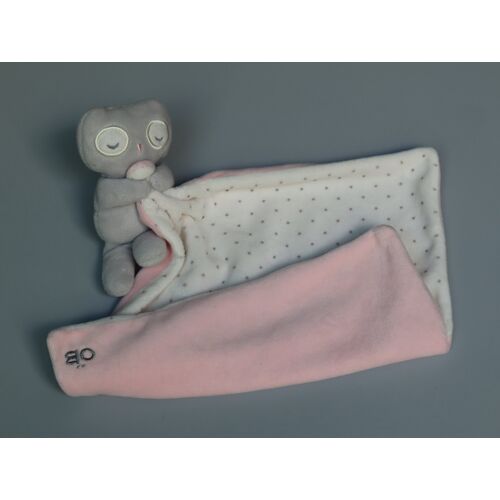 Doudou hibou Obaïbi gris mouchoir rose blanc pois