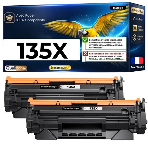 W1350X 135X 2 toners compatibles pour HP LaserJet M207dw M209dw MFP M234dw M234sdw Noir avec puce 2 x 2400 pages