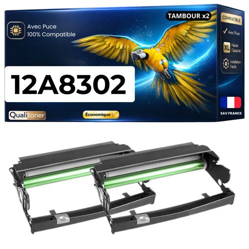 Pack de 2 Tambours compatible pour Lexmark 12A8302 Noir 30000 Pages