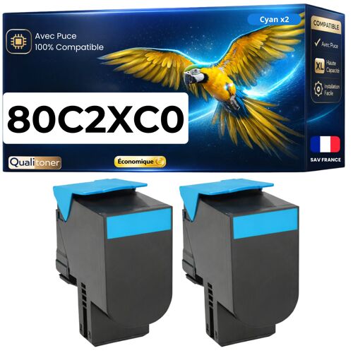 Pack de 2 Toners compatible pour Lexmark 80C2XC0 802XC CX510 Cyan 4000 Pages