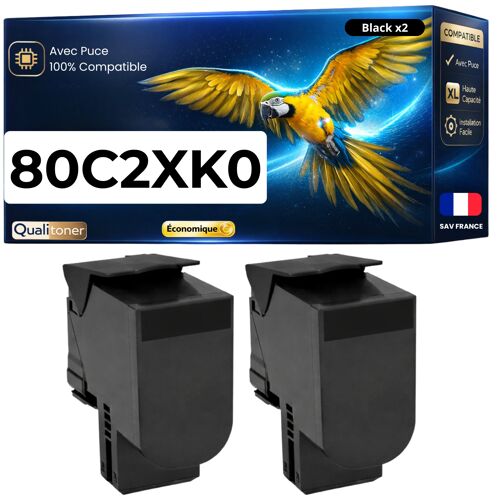 Pack 2 Toner 80C2XK0 compatible pour Lexmark 410 510 CX510 Noir Haute capacité avec puce 8000 pages