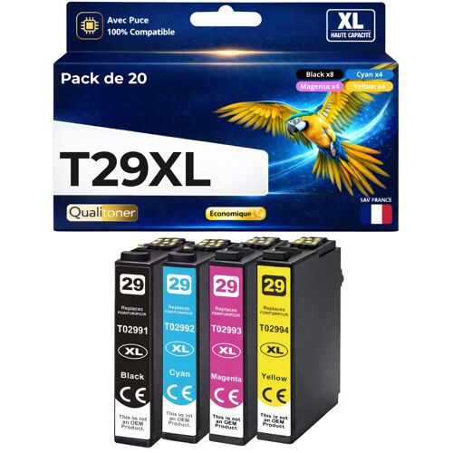 Pack 20 Cartouche 29XL T2996 C13T29964012 compatible pour Epson 235 245 332 335 432 435 442 445 Noir Couleur HC puce