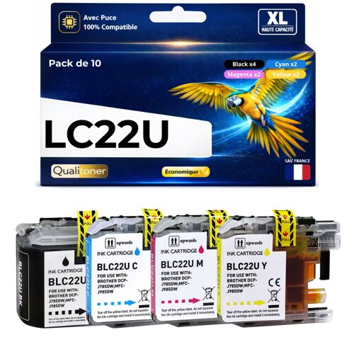 Pack 10 Cartouches LC22U LC 22U LC22UBKBP LC22UCBP LC22UMBP LC22UYBP compatible pour Brother DCP J785DW MFC J985DW Haute capacité avec puce