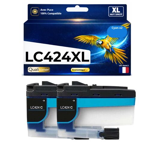Pack 2 Cartouches LC424C LC424 C compatible pour Brother DCP J1200W Cyan Haute capacité avec puce 750 pages