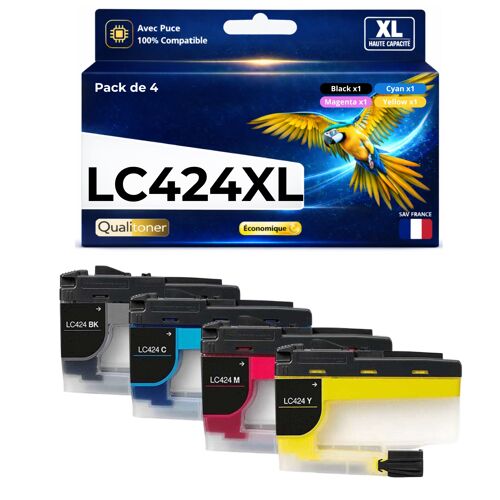 Pack 4 Cartouches LC424BK LC424 C LC424 M LC424 Y compatible pour Brother DCP J1200W Couleurs Haute capacité avec puce 750 pages