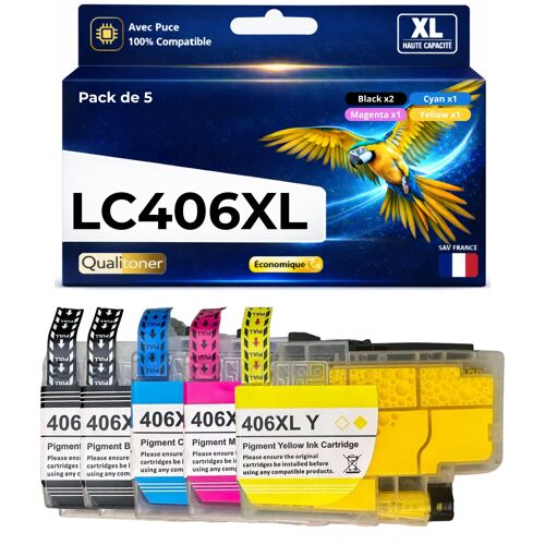 Pack 5 Cartouches LC406XL compatible pour Brother 4335 5855 6555 4535 6955 4345 Noir Couleur Haute capacité avec puce
