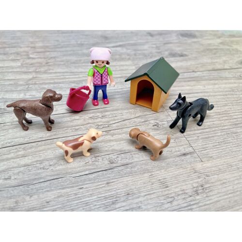 Lot Playmobil chenil famille chiens chiots figurine niche seau animaux 