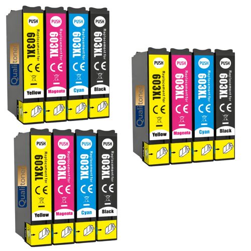 Pack de 12 Cartouches compatible pour Epson 603XL Noir et Couleurs Qualitoner