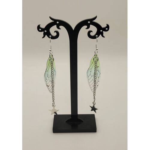 🦋 Boucles D'Oreilles Ailes De Papillon – Résine Verte & Étoiles Argentées