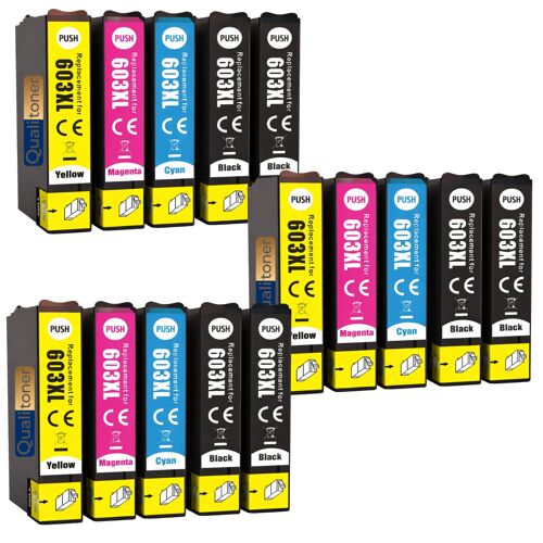Pack de 15 Cartouches compatible pour Epson 603XL Noir et Couleurs Qualitoner