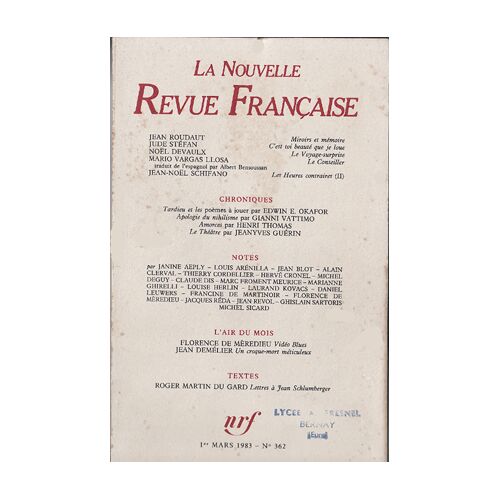 La Nouvelle Revue Française 1er Mars 1983 N° 362