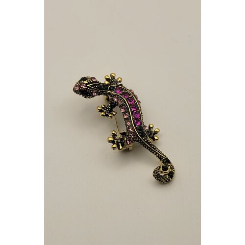 🦎Broche Salamandre Strass Rose & Noir
