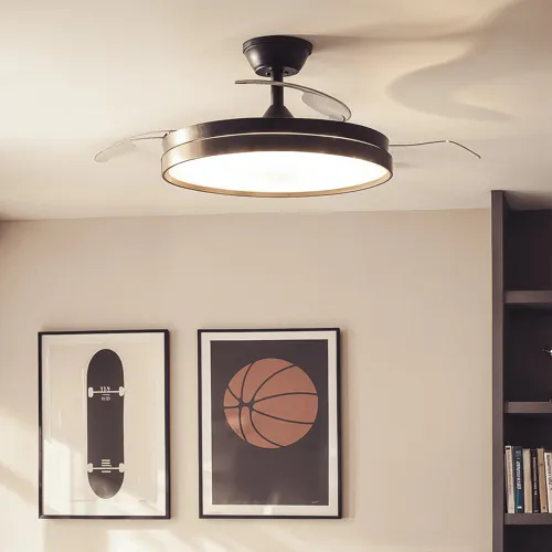Ventilateur de Plafond avec Éclairage Silencieux DC Pales Rétractables Kaios Transparent Télécommande Moyen (entre 10 et 20 m²) 105 cm Noir