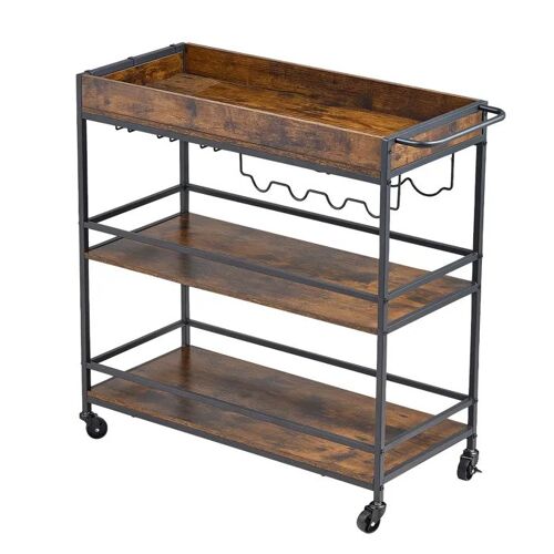 Chariot de Service-Duoku-Rangement pour Vins, avec Plateaux en Bois, Porte-bouteilles et Porte-verres, Marron et Noir, 3 Niveaux