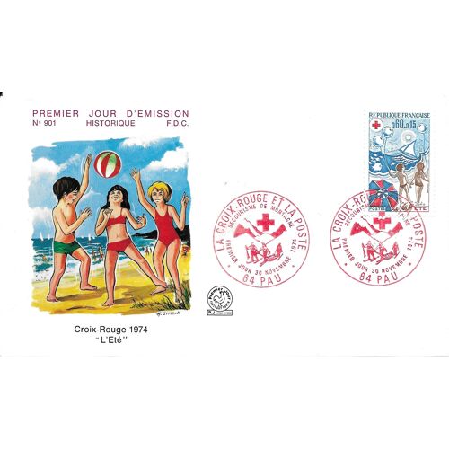 France 1974, Très Belle Enveloppe 1er Jour Neuve** Fdc 901, Timbre 1828 Croix Rouge "L'été", Cachet De Pau : Secourisme En Montagne, Cote 6 Euros.