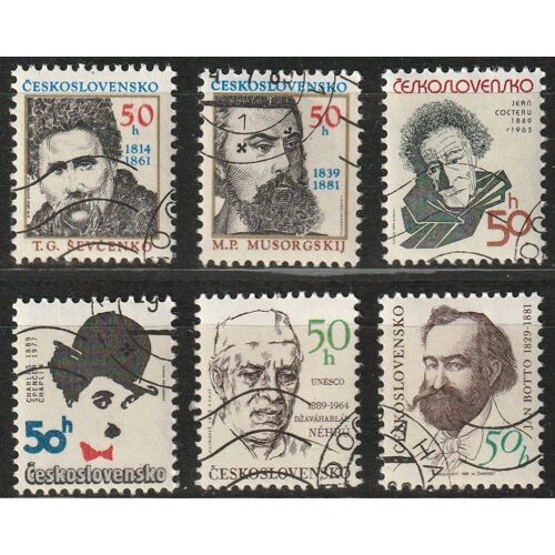 Personnages, Chevtchenko, Moussorgski, Cocteau, Chaplin, Nehru, Botto. Timbres Tchécoslovaquie, Oblitérés 1989