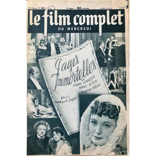 Le Film Complet Du Mercredi N° 2487 _ 7 Mai 1941 _ Zarah Leander, Hans Stuve, Marika Rokk Dans "Pages Immortelles" ; Film De Carl Froelich ; Production Ufa ; Troisième Reich