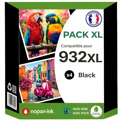 Pack 4 Cartouches 932XL 932 XL compatible pour HP OfficeJet 6100 6600 6700 Noir Haute capacité avec puce 1000 pages