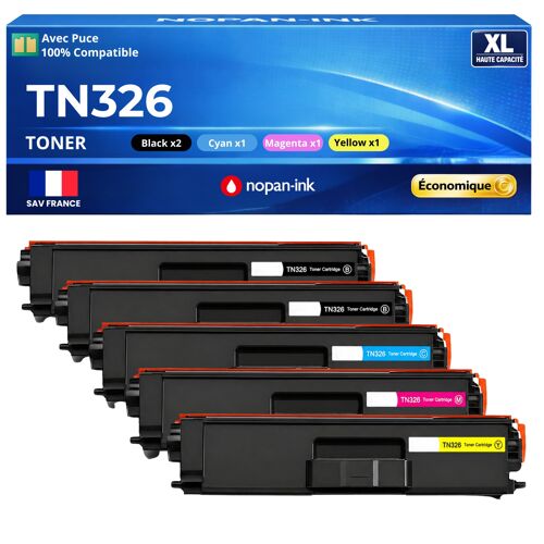 TN321 TN-321 TN326 TN-326 Pack 5 Toners 2 Noir Cyan Magenta Jaune compatibles Brother DCP 9055CDN HL 4140CN avec puce 18500 pages